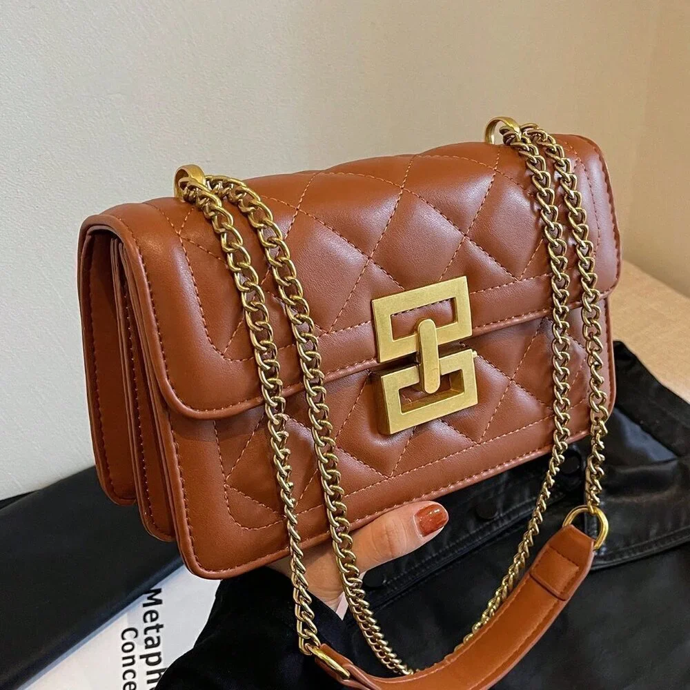 Brown Elegant Women's Square Crossbody Bag With Chain Strap